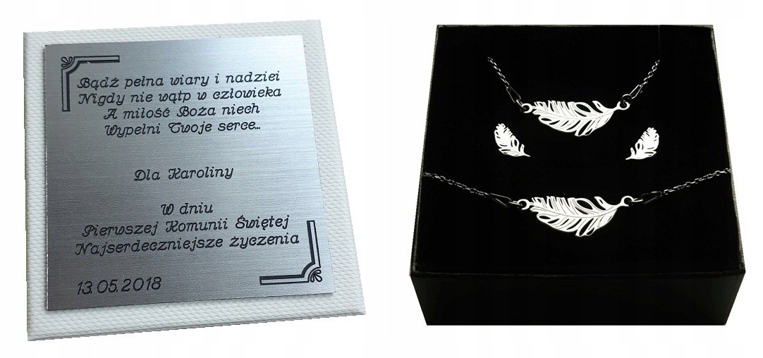 Komplet srebrny 925 PIÓRKA komunia+ GRAWER
