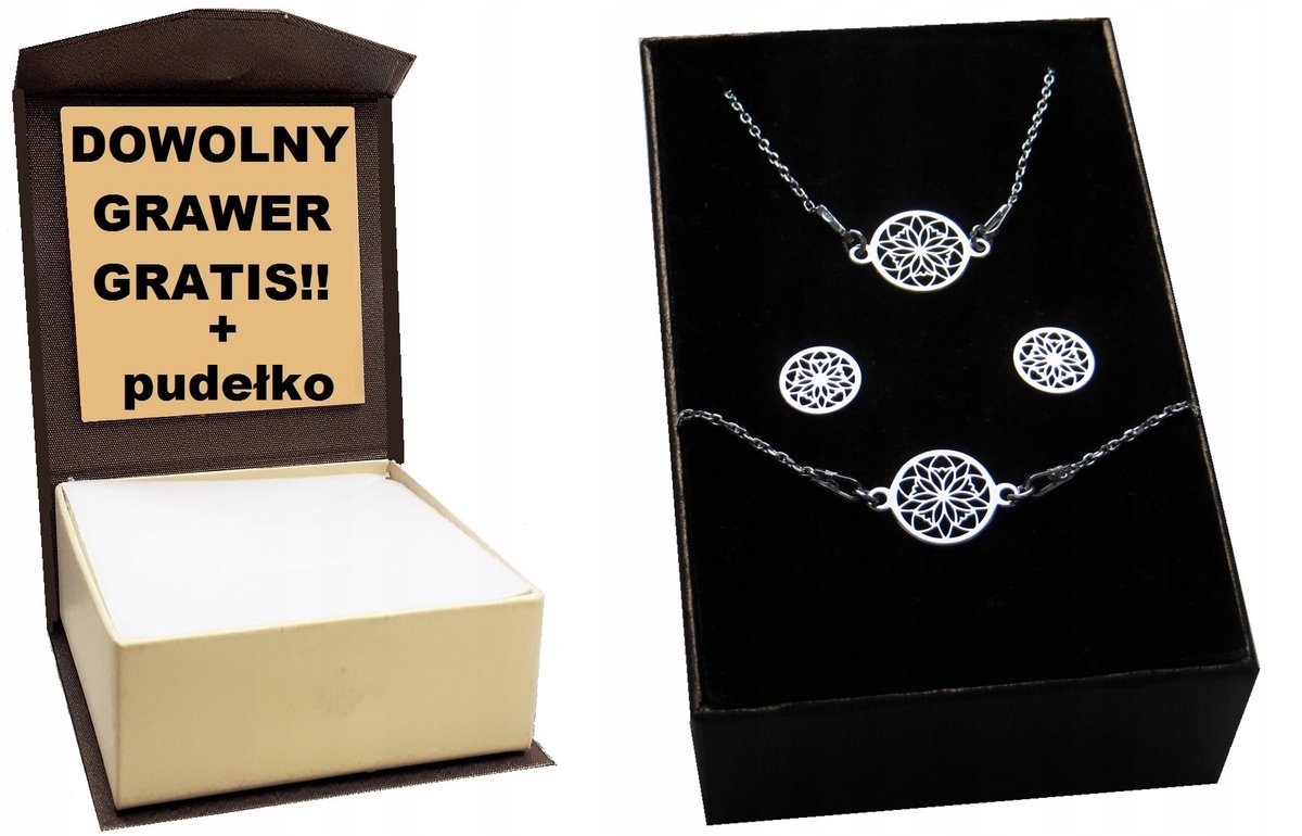 KOMPLET SREBRNY925 AŻUR PREZENT PUDEŁKO+GRAWER