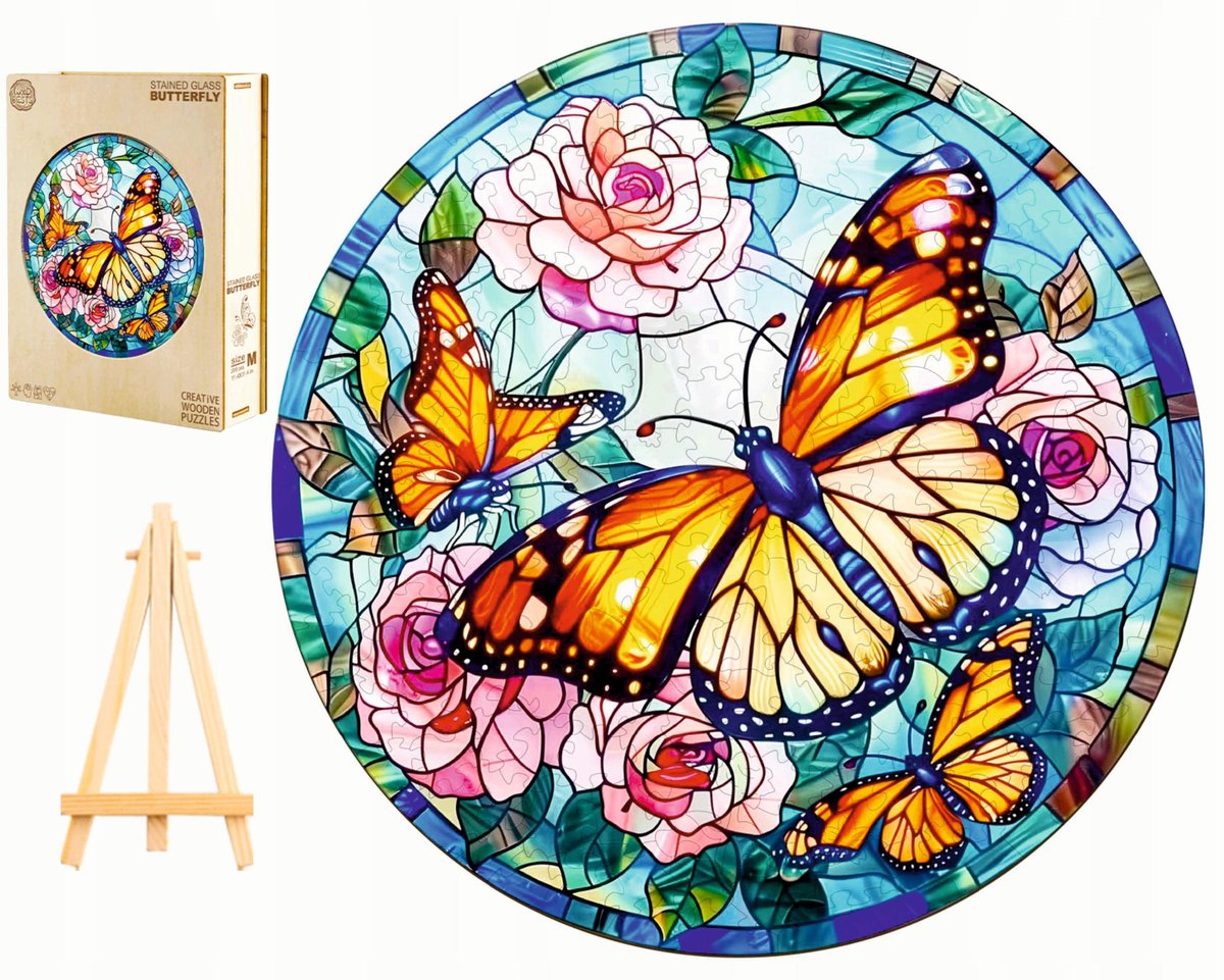 PUZZLE DREWNIANE MOTYLE 280 ELEMENTÓW MOTYLE WITRAŻ W DREWNIANYM PUDEŁKU