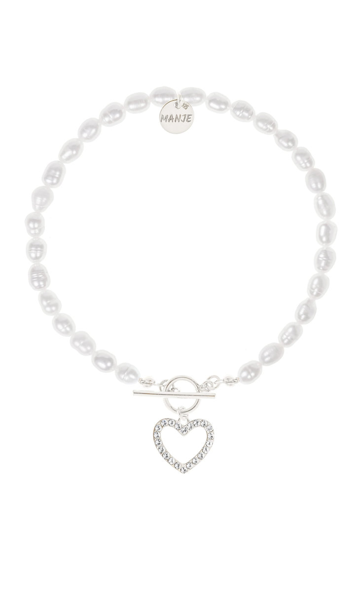 Bransoletka z pereł ze srebrnym sercem i kryształkami 18 cm