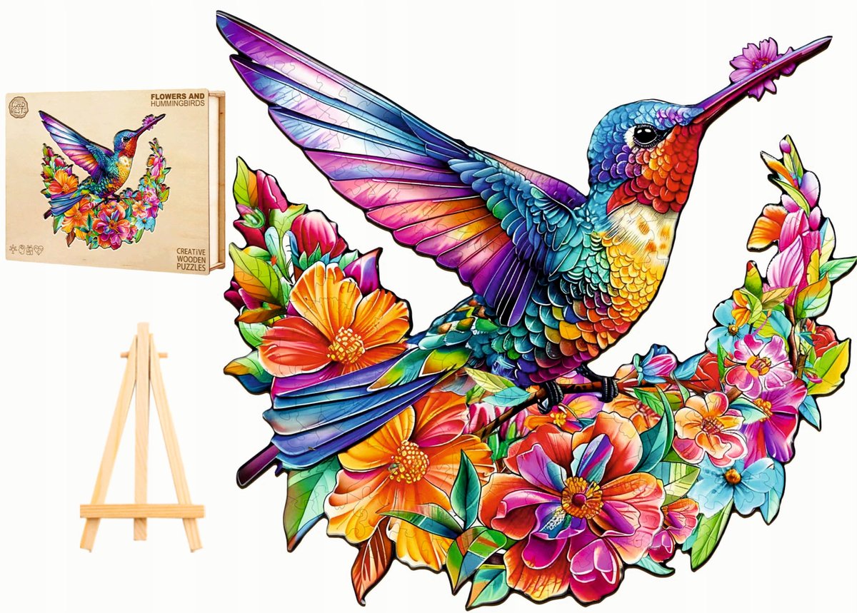 PUZZLE DREWNIANE KOLIBER 260 ELEMENTÓW KOLIBER I KWIATACH DREWNIANE PUDEŁKO