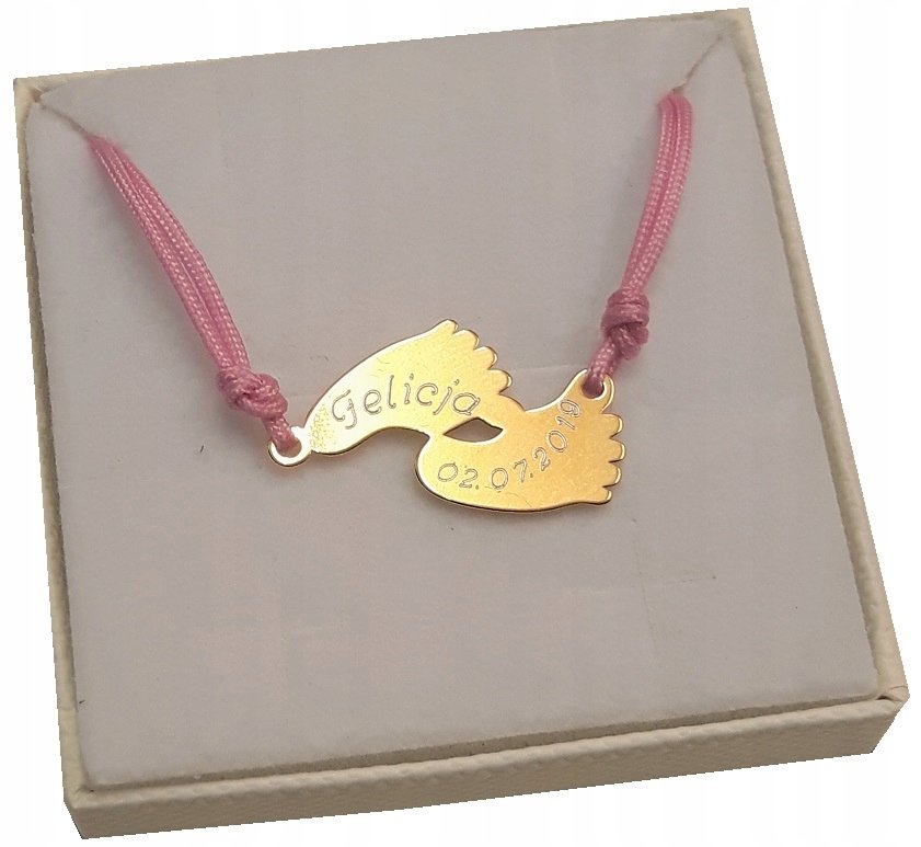 Złota bransoletka sznurkowa STÓPKI SERCE GRAWER 20