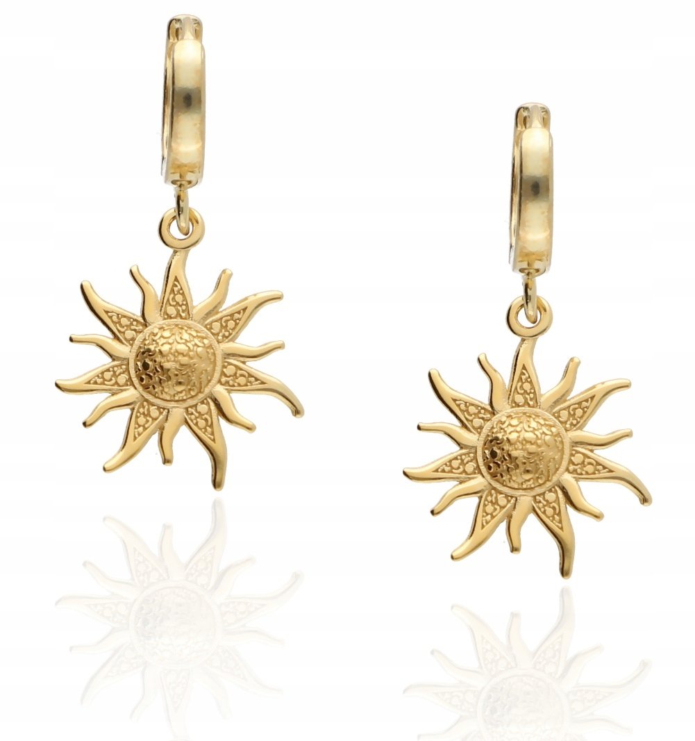 Złote kolczyki wiszące angielskie zapięcie słońce słoneczko talizman srebro