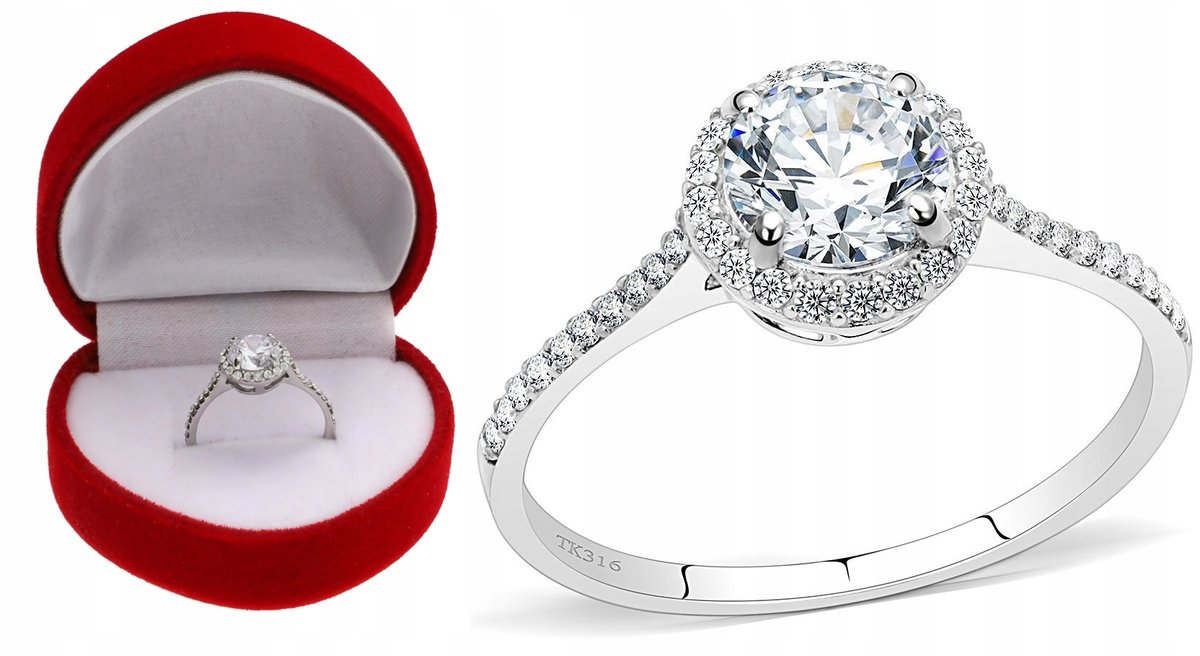 Pierścionek zaręczynowy białe złoto YES I LOVE stal 316L rozmiar 9