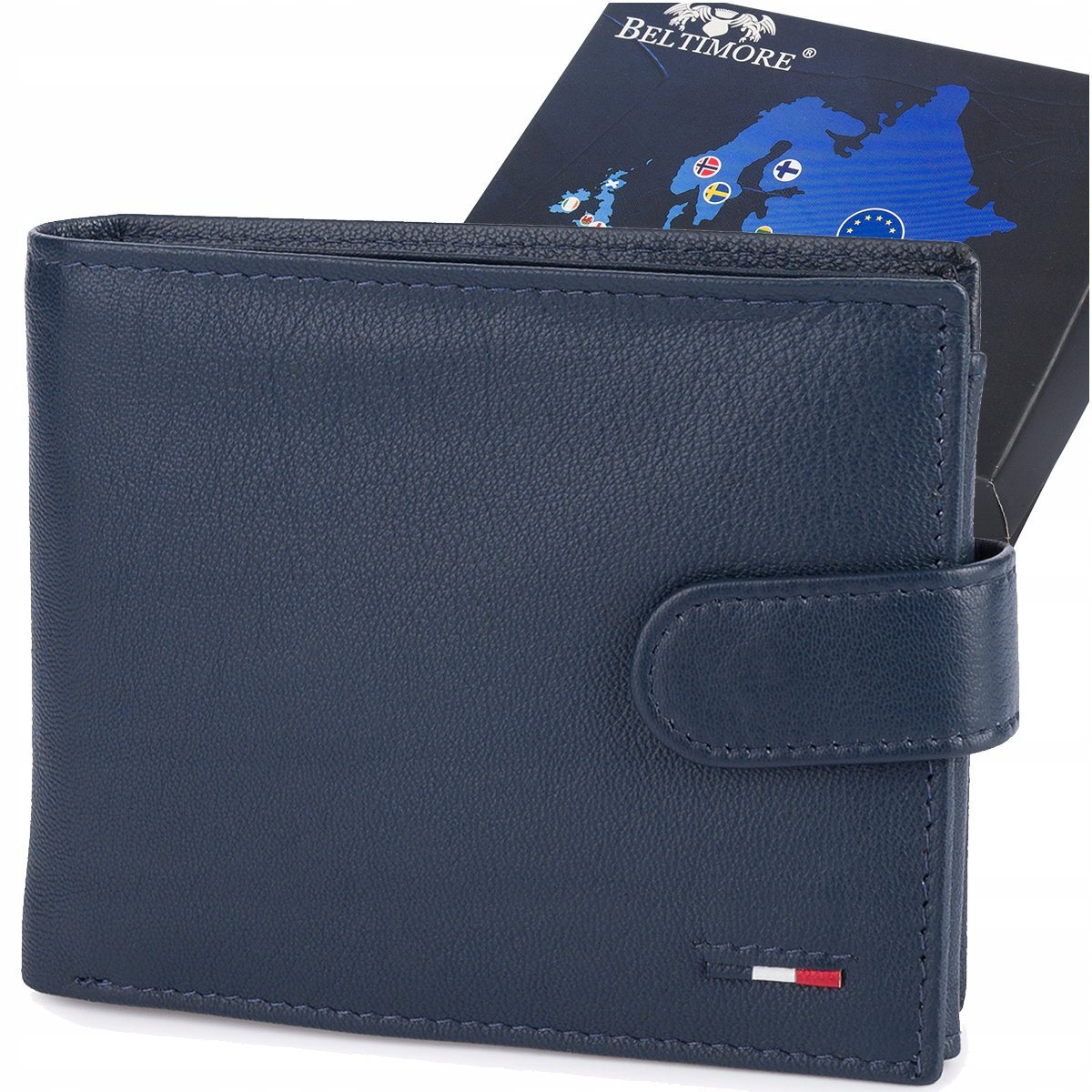 Portfel Męski Skórzany Elegancki RFID Klasyczny Duży Poziomy Granatowy