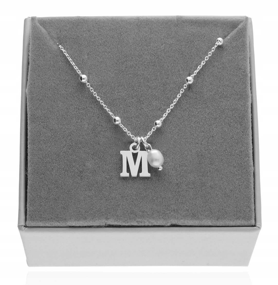 Srebrny naszyjnik z literką M lub inna perła natura KAMIEŃ NATURALNY 45 cm