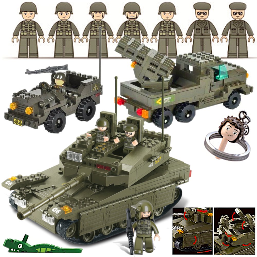 Klocki Czołg MERKAVA + WYRZUTNIA Rakiet + JEEP Wojskowy + Siedem FIGUREK