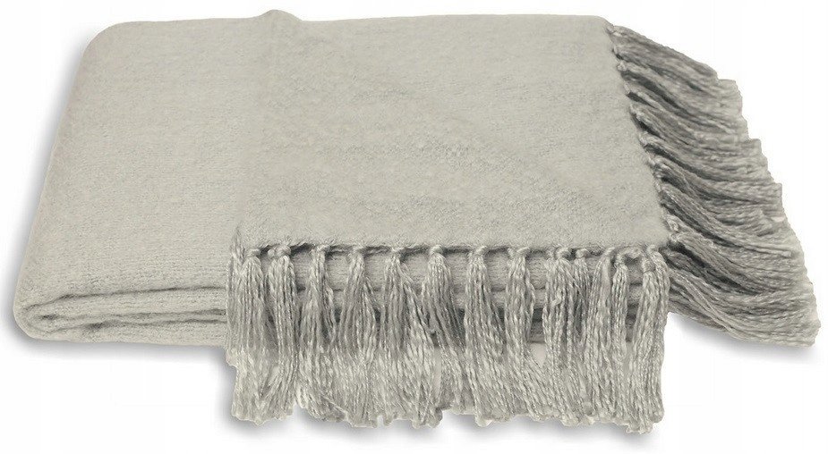 Duży koc akrylowy z frędzlami szary narzuta pled ciepły 130x180 miękki / RIVAHOME