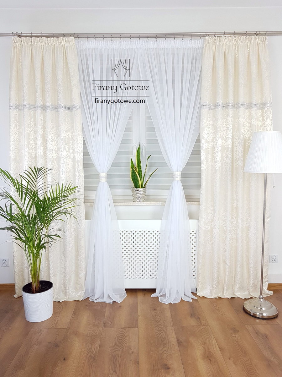 Firanka z zasłonami-komplet ecru, gotowe zestawy do salonu