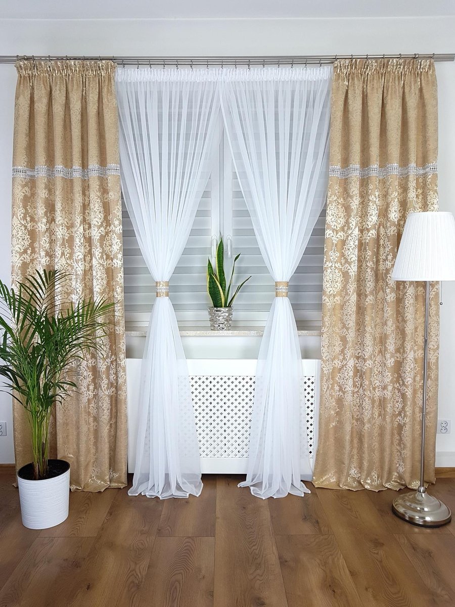 Firanka z zasłonami-komplet złoty, gotowe komplety na taśmie do pokoju