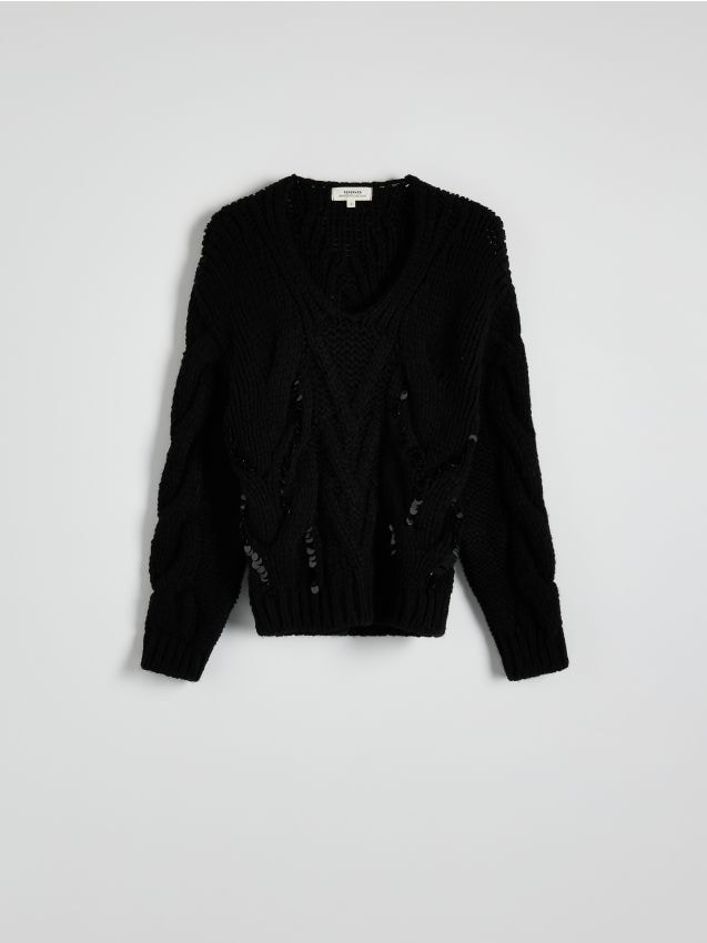 Reserved - Sweter o warkoczowym splocie z cekinami - czarny