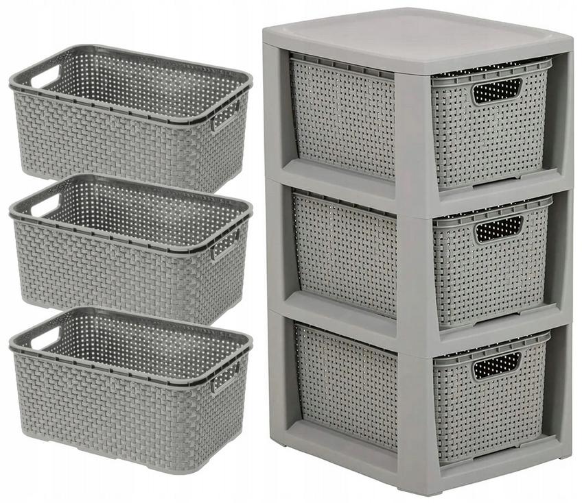 Regał Komoda Szafa Półka Z 3 Koszami Szuflady Słupek Szafka Łazienki Rattan