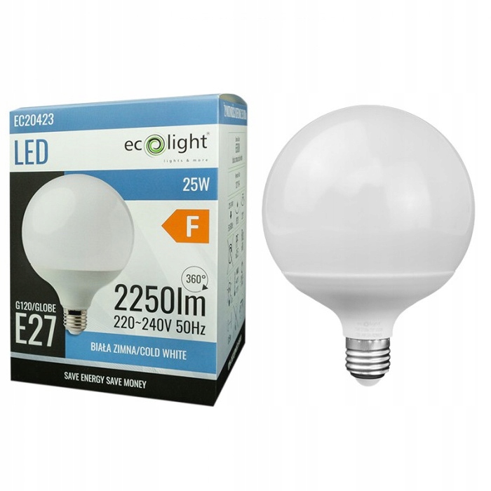 Żarówka Led Gwint E27 Duża 25W Mocna Zimne Światło 6500K Ecolight