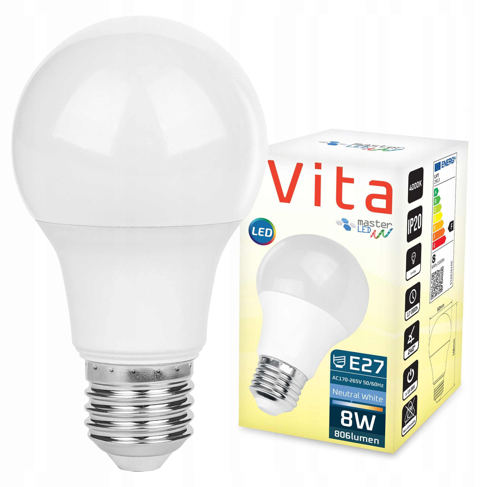 Żarówka Led E27 8W biały neutralny 4000K 640lm kula A60 230V
