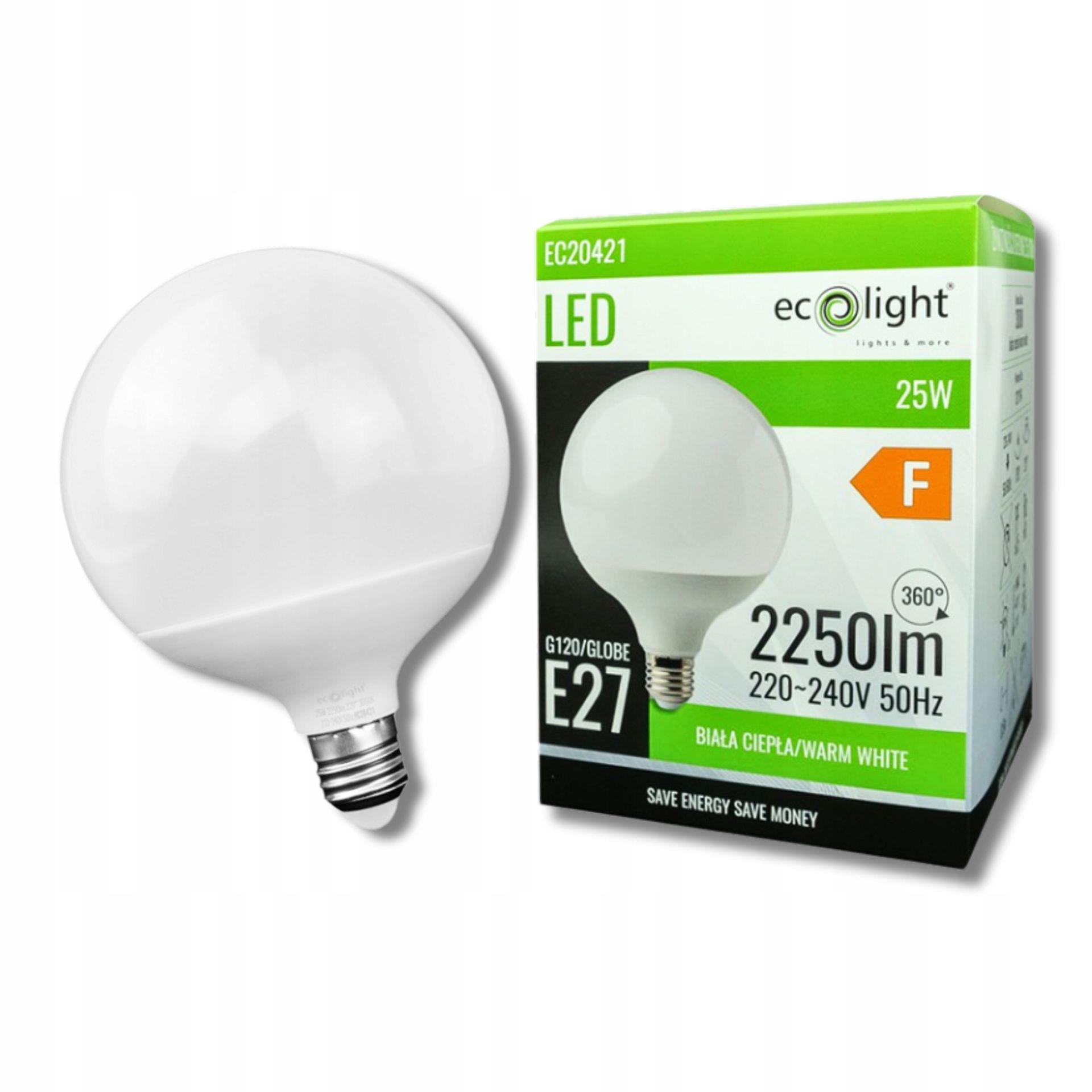 Żarówka E27 25W 3000K 2250lm G120 Ciepła Duża Kula Energooszczędna