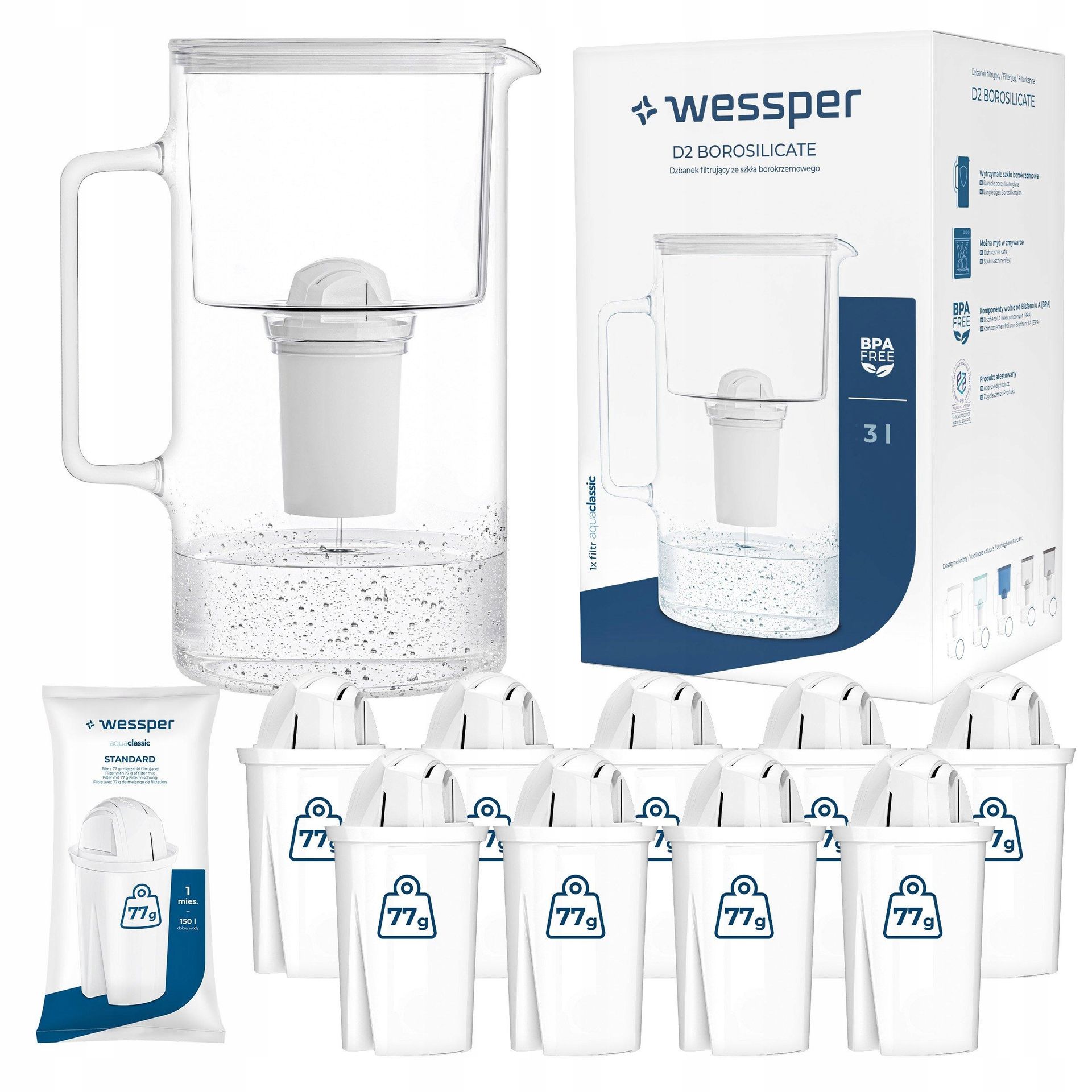 Dzbanek filtrujący szklany Wessper 3l Biały 10x Filtr aquaclassic