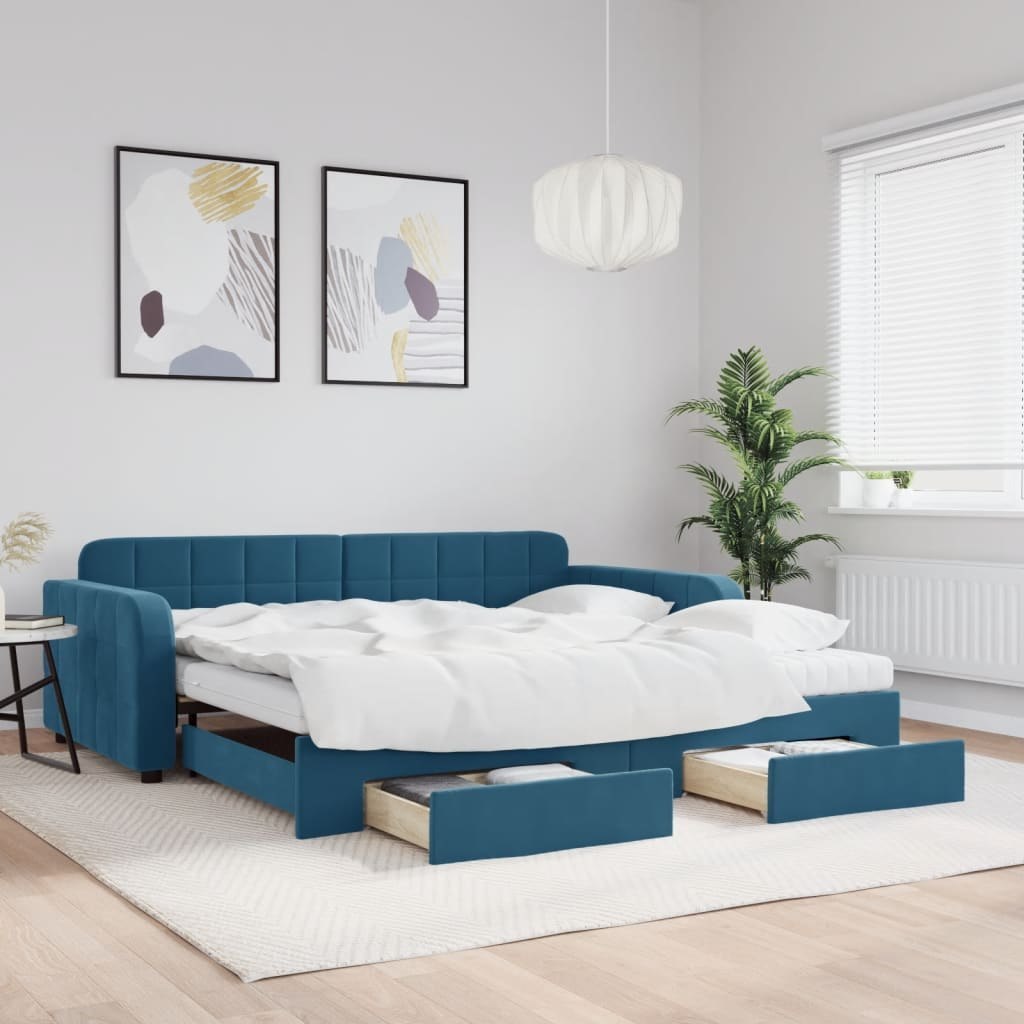 Sofa rozsuwana z szufladami, niebieska, 100x200 cm, aksamit Lumarko!