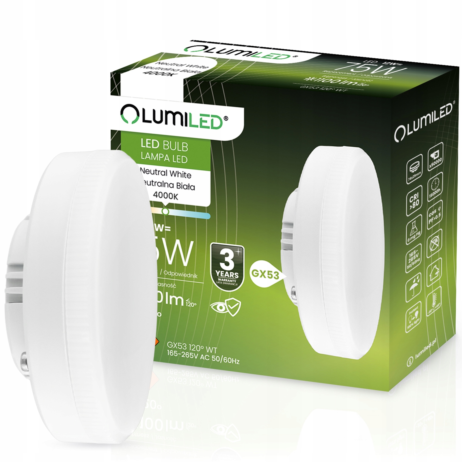 Żarówka Led GX53 12W 75W 1100lm 4000K Neutralna 120° Mocna Jasna Wydajna