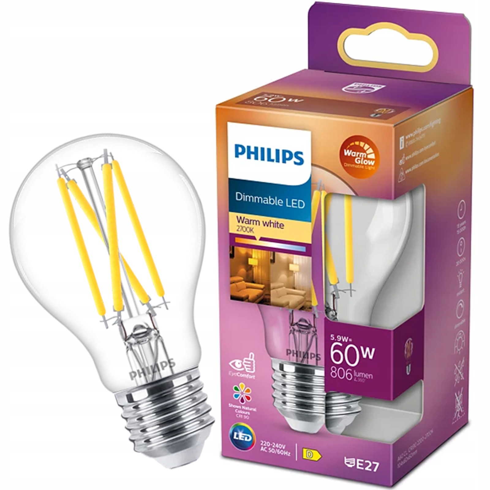 Żarówka Led E27 A60 5,9W 60W 806lm Ciepła Filament Ściemnialna Philips