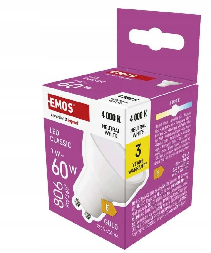 Żarówka Led GU10 MR16 7W =60W 4000K Neutralna Nw 806lm 100st Emos