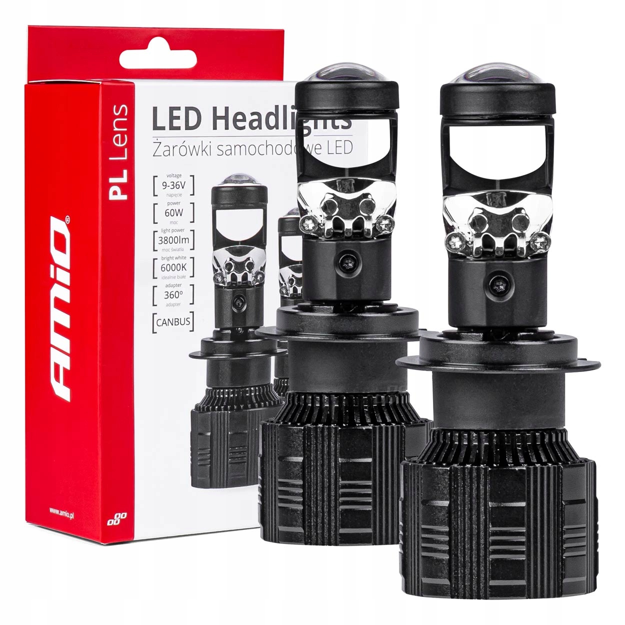 Żarówki samochodowe Led Lens soczewka canbus H7 Amio 6000K Set Uv Ir