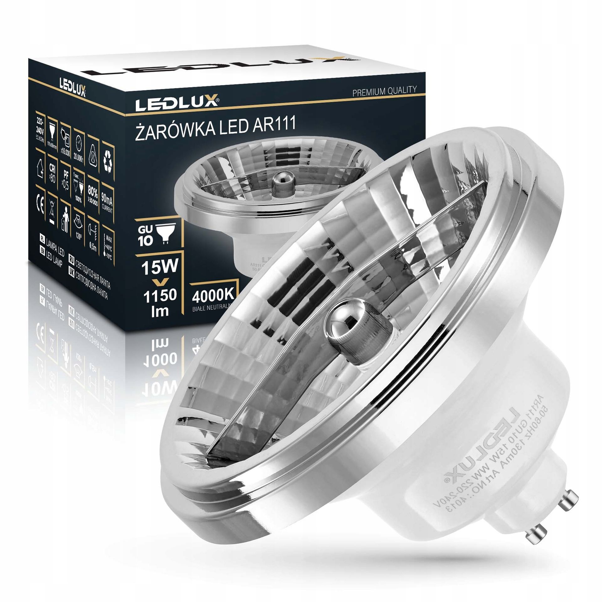 Żarówka Led AR111 15W =140W 4000K 45st GU10 Neutralna Ledlux nie mruga