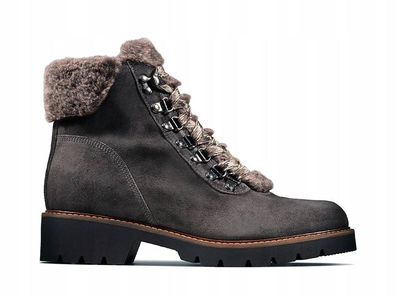 Clarks Buty trekkingowe damskie Velma Hiker szare skórzane z futerkiem 39,5