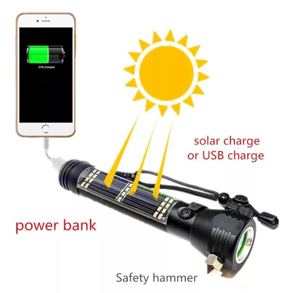 Latarka SOLARNA ratownicza: nóż, młotek, kompas, POWERBANK, magnes.