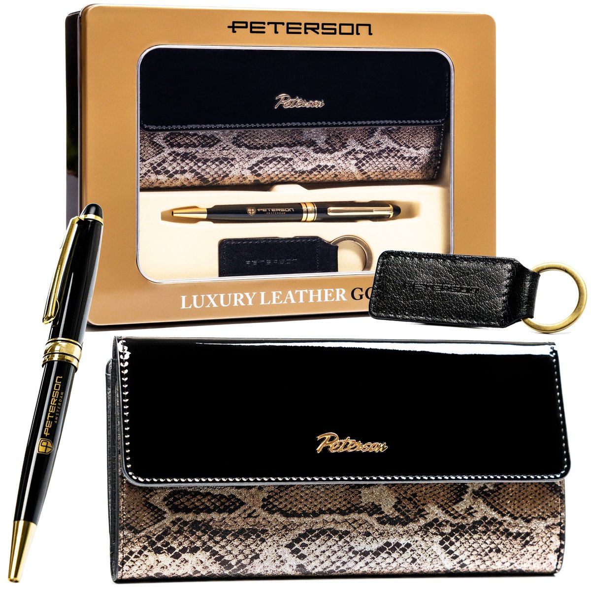 Duży portfel damski z lakierowanej skóry naturalnej czarny na zatrzask i suwak zestaw portfel + długopis + brelok rozbudowany na karty ochrona RFID ..