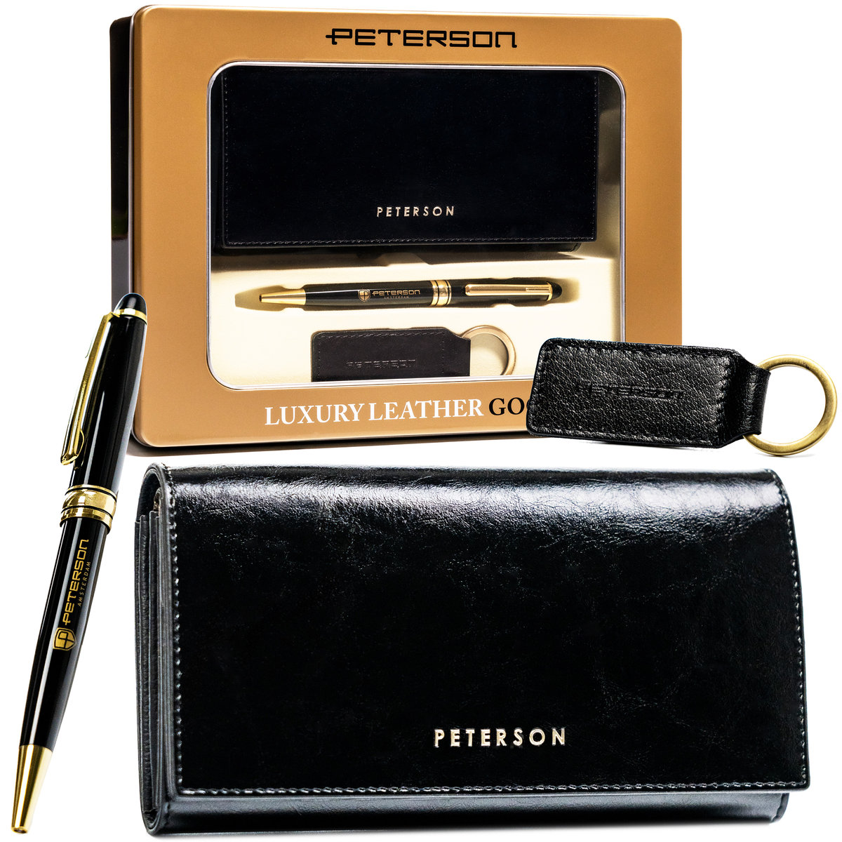 PETERSON Portfel damski ze skóry naturalnej klasyczny czarny zestaw portfel + długopis + brelok elegancki prezent antykradzieżowy RFID