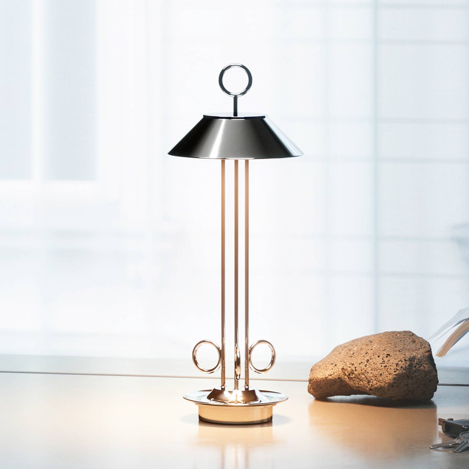 Sigor Akumulatorowa lampa stołowa LED Nudiderot, chrom, aluminium, IP54, ściemniana