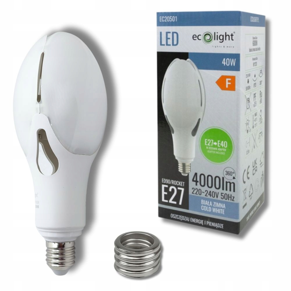 Żarówka do lamp ulicznych Led adapter E27->E40 40W 6000K 4000LM Rocket