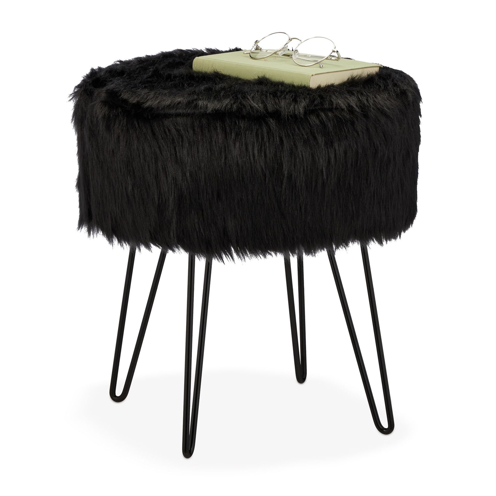Relaxdays Stołek futrzany do toaletki czarny 41 cm