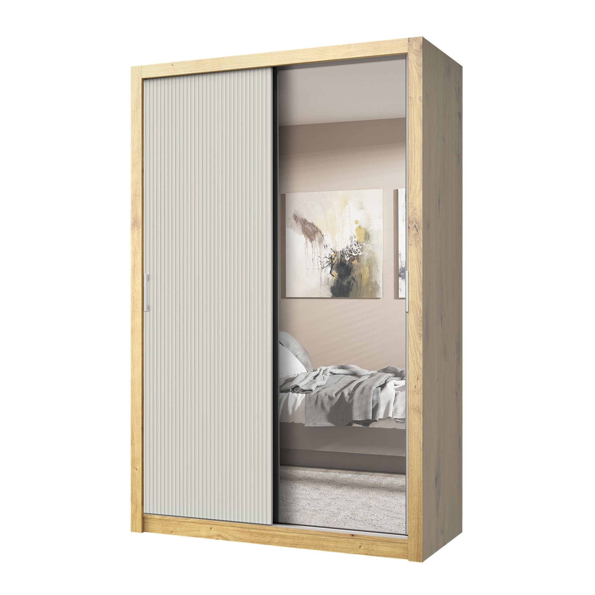Szafa Przesuwna Milan 150X216 Dąb Artisan / Kaszmir Ryfla z Lustrem