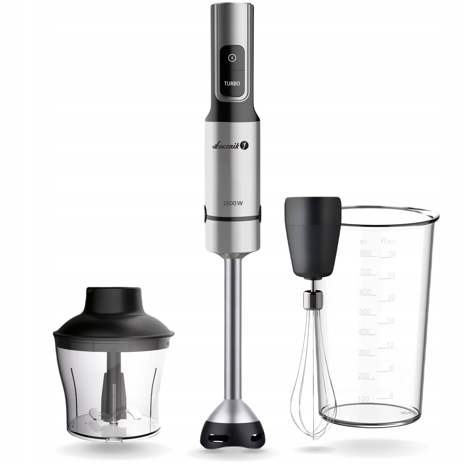 Blender Ręczny 1500W Rozdrabniacz Z Pojemnikiem Ubijaczka Turbo 3w1