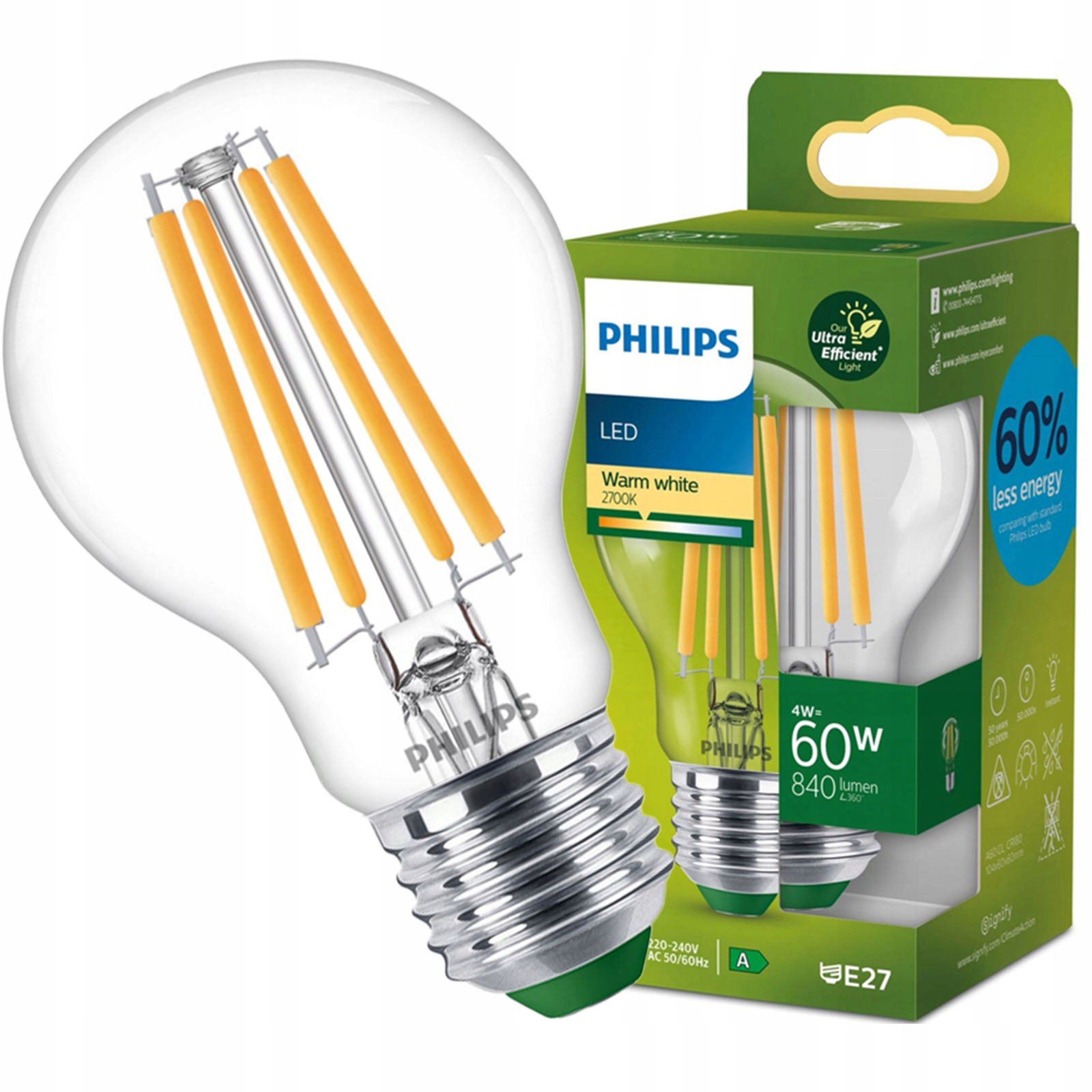 Żarówka Led E27 A60 4W 60W 840lm 2700K Ciepła Filament Ultra Philips