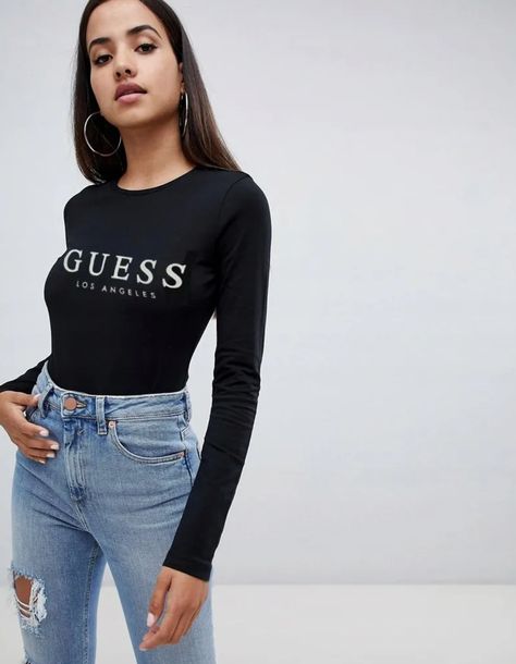 Bluzka damska Guess Los Angeles z długim rękawem, czarny longsleeve SALE XL