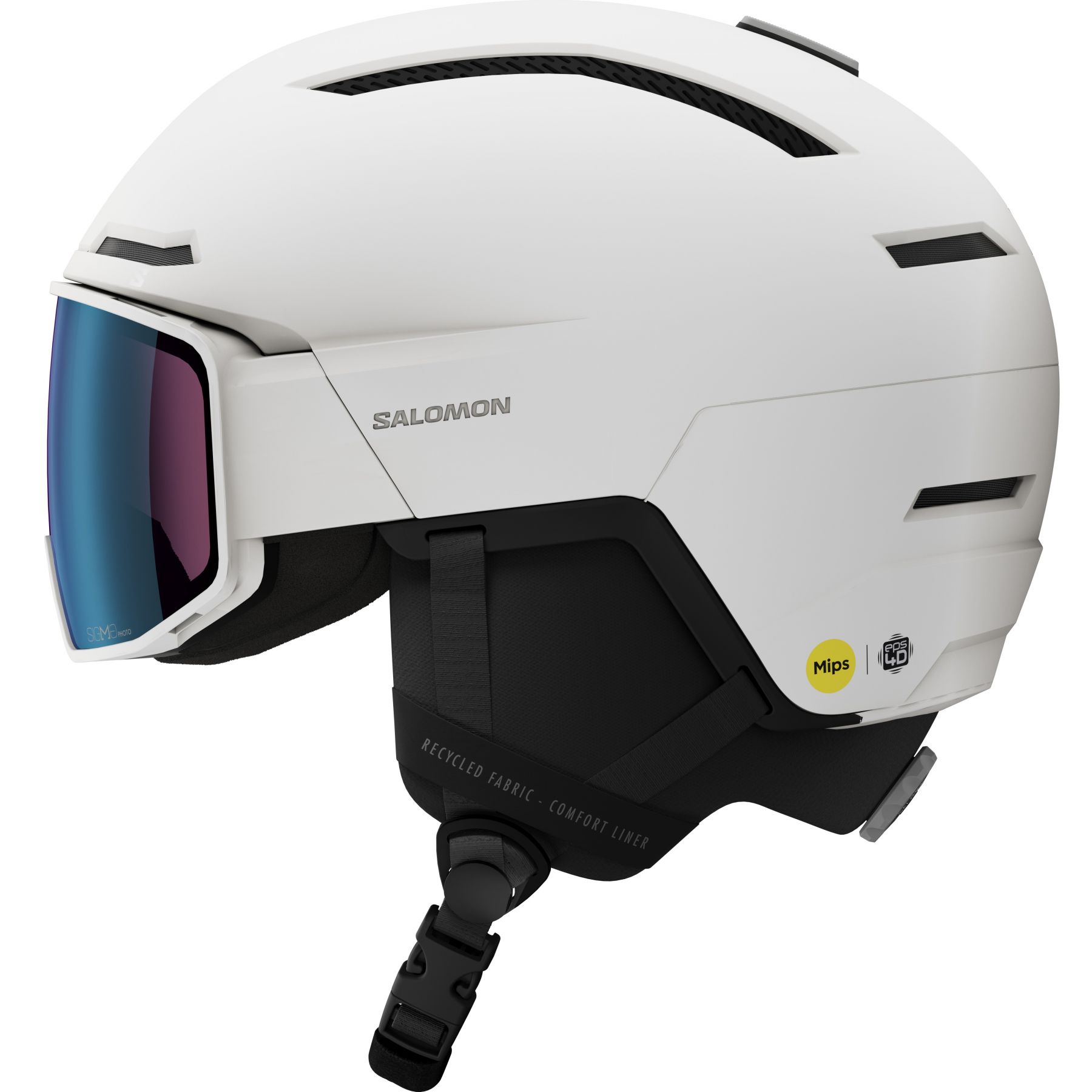 Salomon, Driver Pro Sigphoto MIPS, kask narciarski z daszkiem, biały