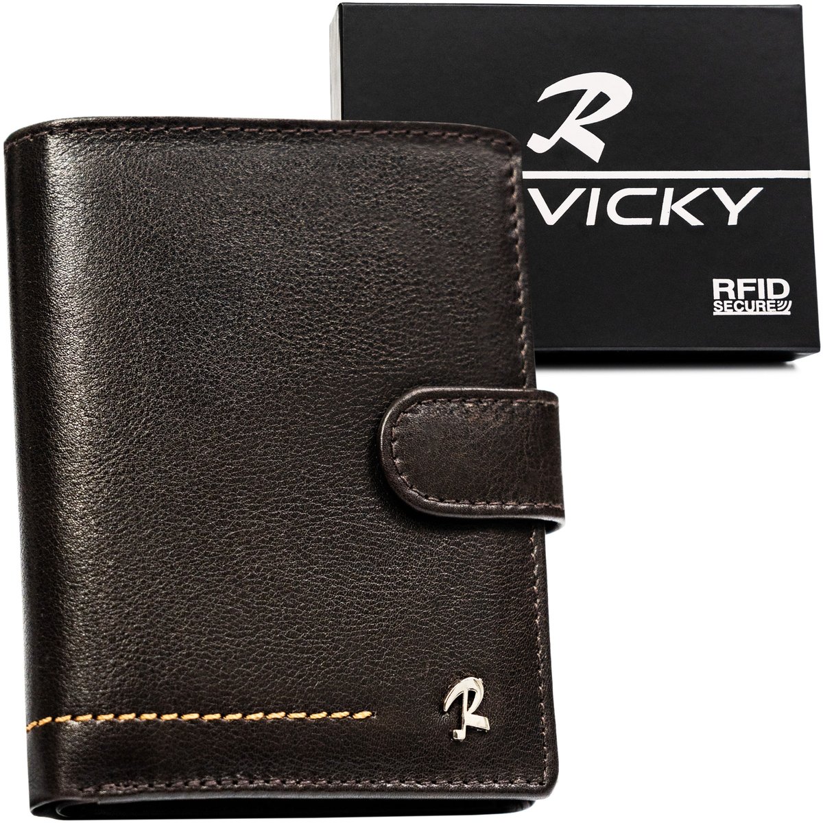 ROVICKY Portfel męski duży pionowy na zatrzask skórzany brązowy funkcjonalny na karty gotówka elegancki prezent ochrona RFID