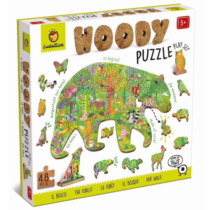 WOODY PUZZLE Drewniane puzzle konturowe - Niedźwiedź i Las, Ludattica