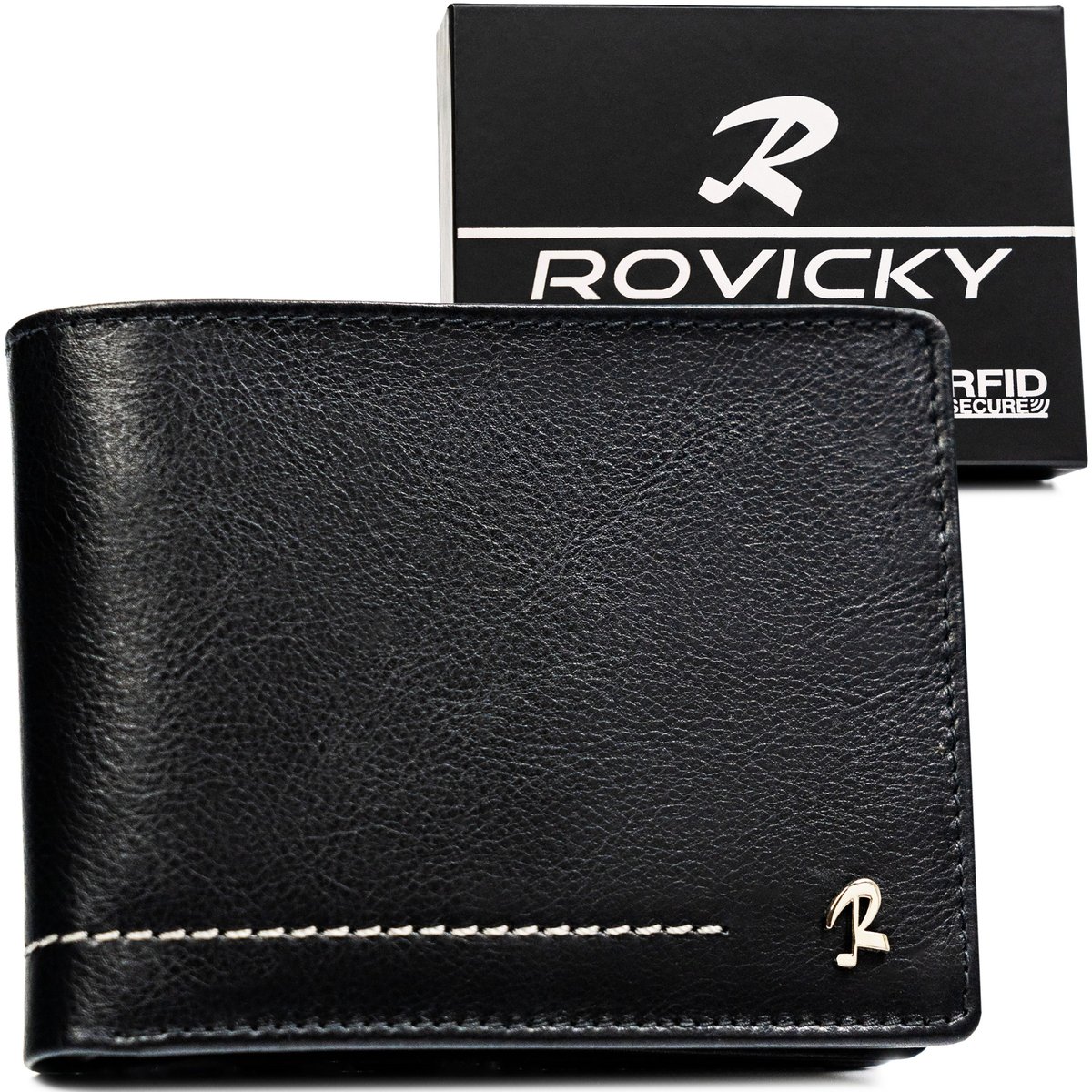 ROVICKY Skórzany portfel męski duży i funkcjonalny bez zapięcia poziomy czarny elegancki prezent ochrona kart RFID