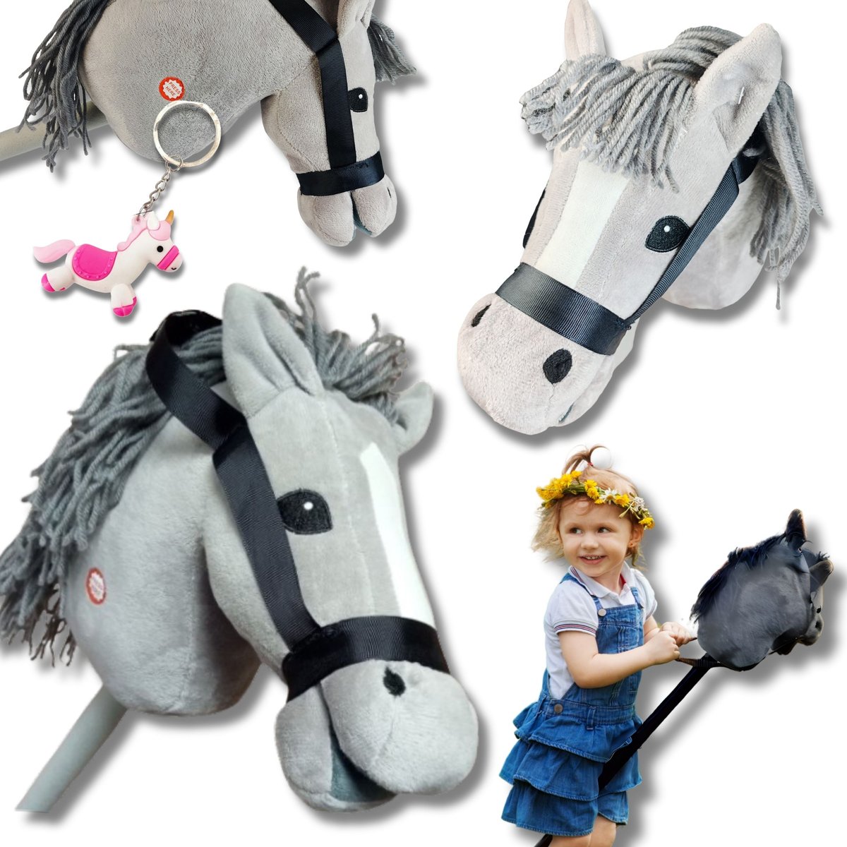 HOBBY HORSE GŁOWA KONIA NA KIJU SZARA REALISTYCZNA + BRELOK JEDNOROŻEC