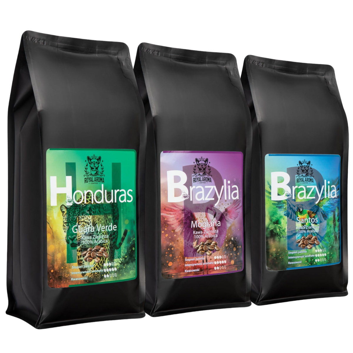 Kawa Ziarnista Honduras + Brazylia Santos + Mogiana 500g 3 szt.  100% Arabica Świeżo Palona Royal Aroma Coffee