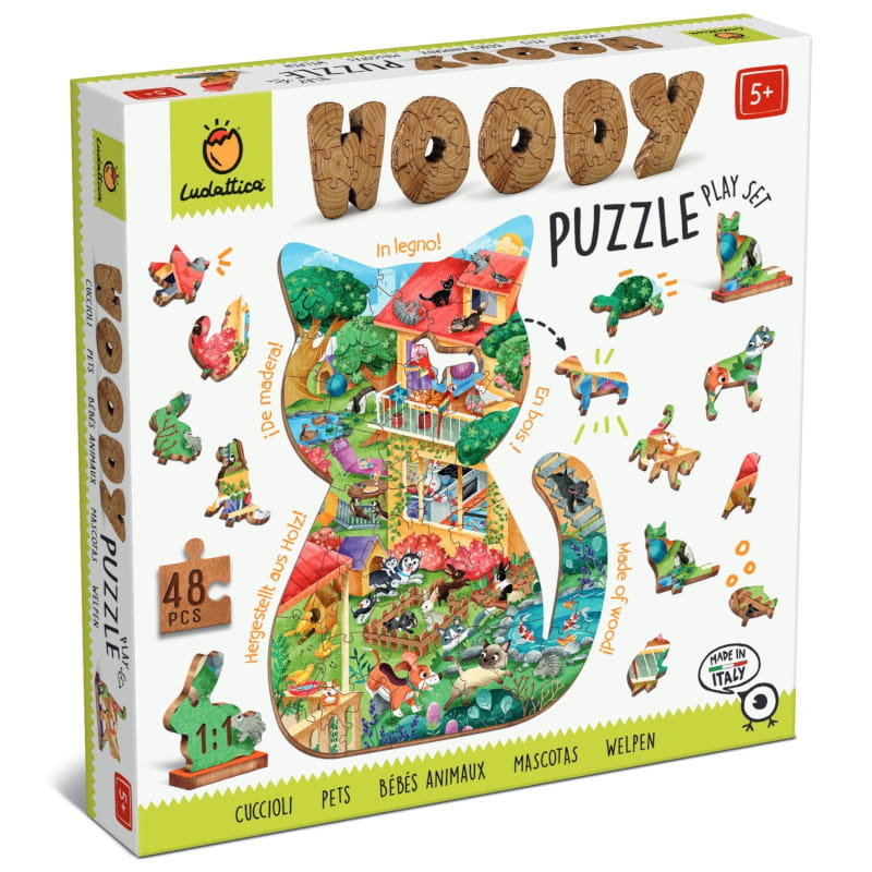 WOODY PUZZLE Drewniane puzzle konturowe - KOTEK i zwierzęta domowe, Ludattica