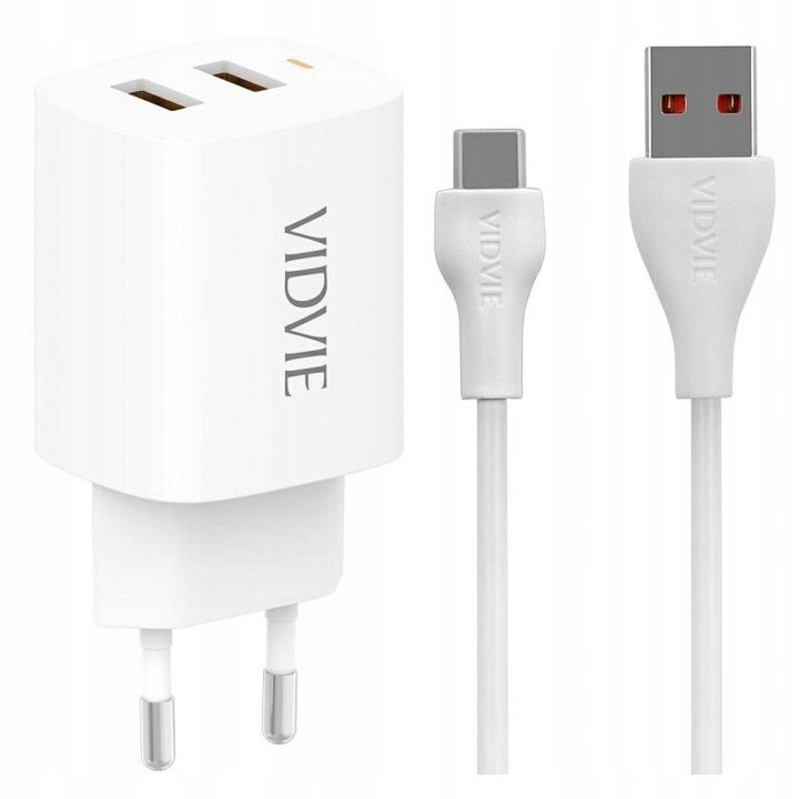 ŁADOWARKA SIECIOWA 2X USB VIDVIE PLE250 + KABEL TYPE C 2.4A SMART CHARGE