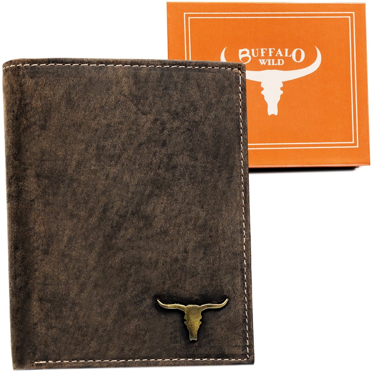 Portfel męski skórzany brązowy bez zapięcia pionowy na karty i gotówkę antykradzieżowy ochrona RFID BUFFALO WILD