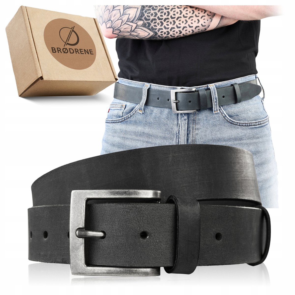 Pasek Skórzany Męski Czarny Szeroki Gruby Pas ze Skóry Naturalnej 120cm