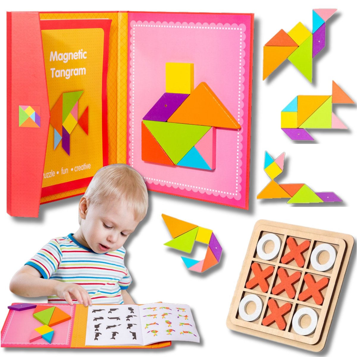 Tangram Klocki Magnetyczne Drewniana Układanka Xl Gra Logiczna Puzzle + KÓŁKO I KRZYŻYK