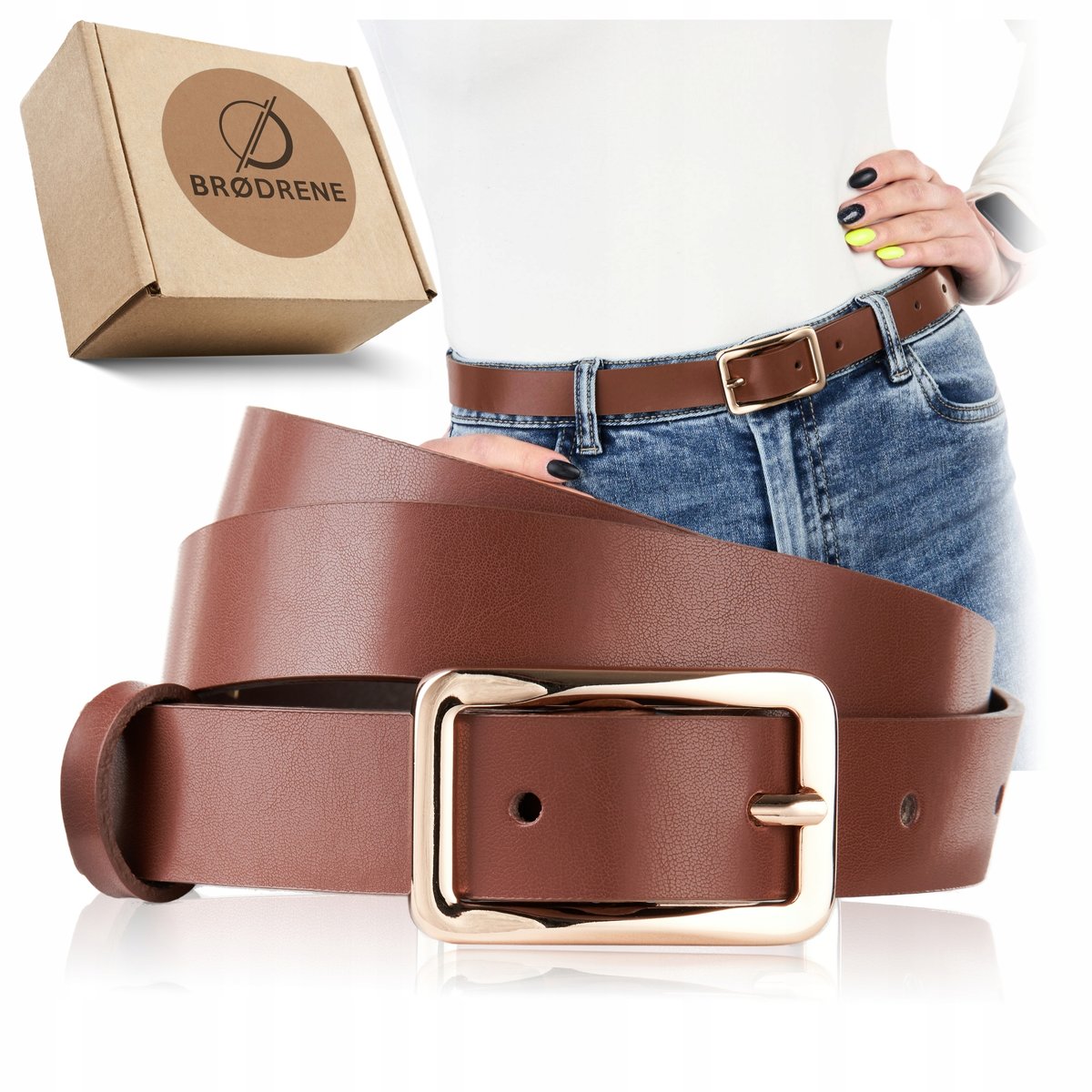 Pasek Skórzany Damski Brodrene Brązowy Uniwersalny Złota Klamerka 125cm