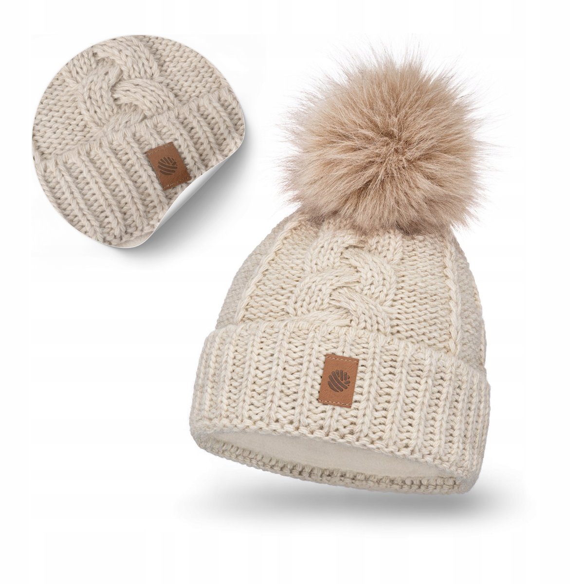 Czapka Zimowa Damskie Beżowa z Pomponem Wywijana z Polarowym Ociepleniem